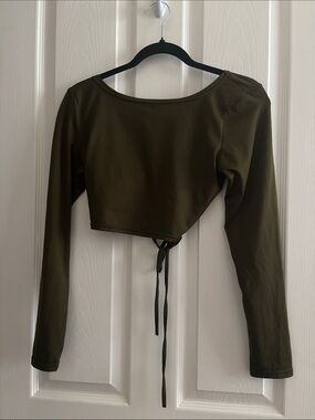 Olive Green Long-Sleeve Cropped Tie-Front Top
